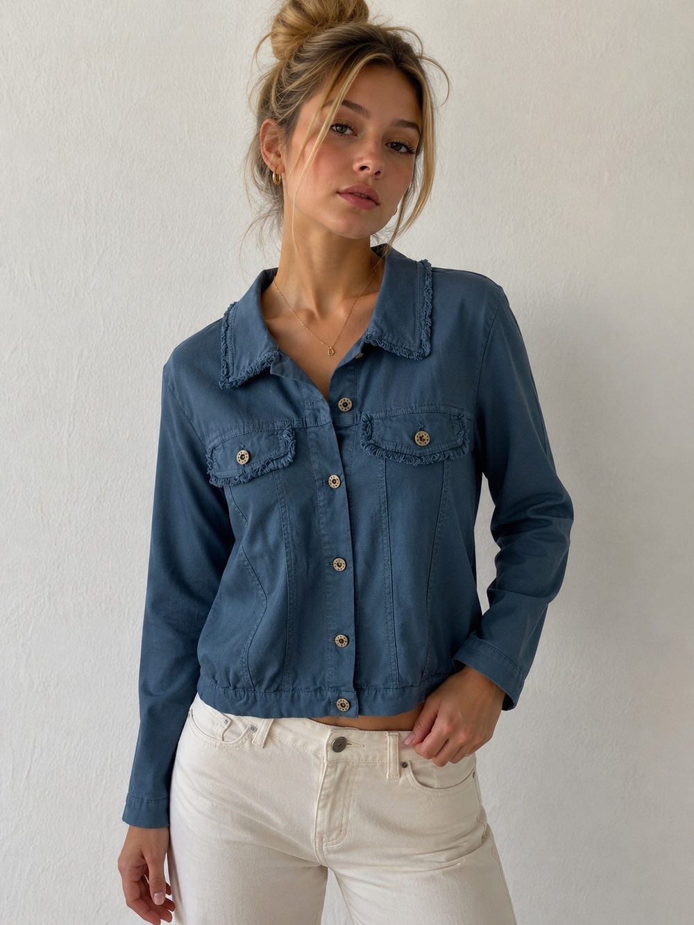 FEMME FATALE 95% Cotton Blue Frayed Trim Button Front Jacket  Made in Italy